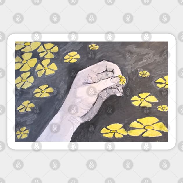 Hand holds yellow flowers. Original painting. Sticker by Maltez